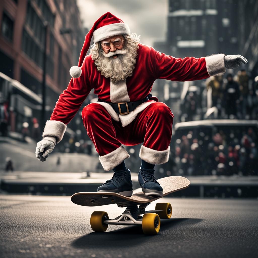 Hyperrealistic Santa Claus Skateboarding