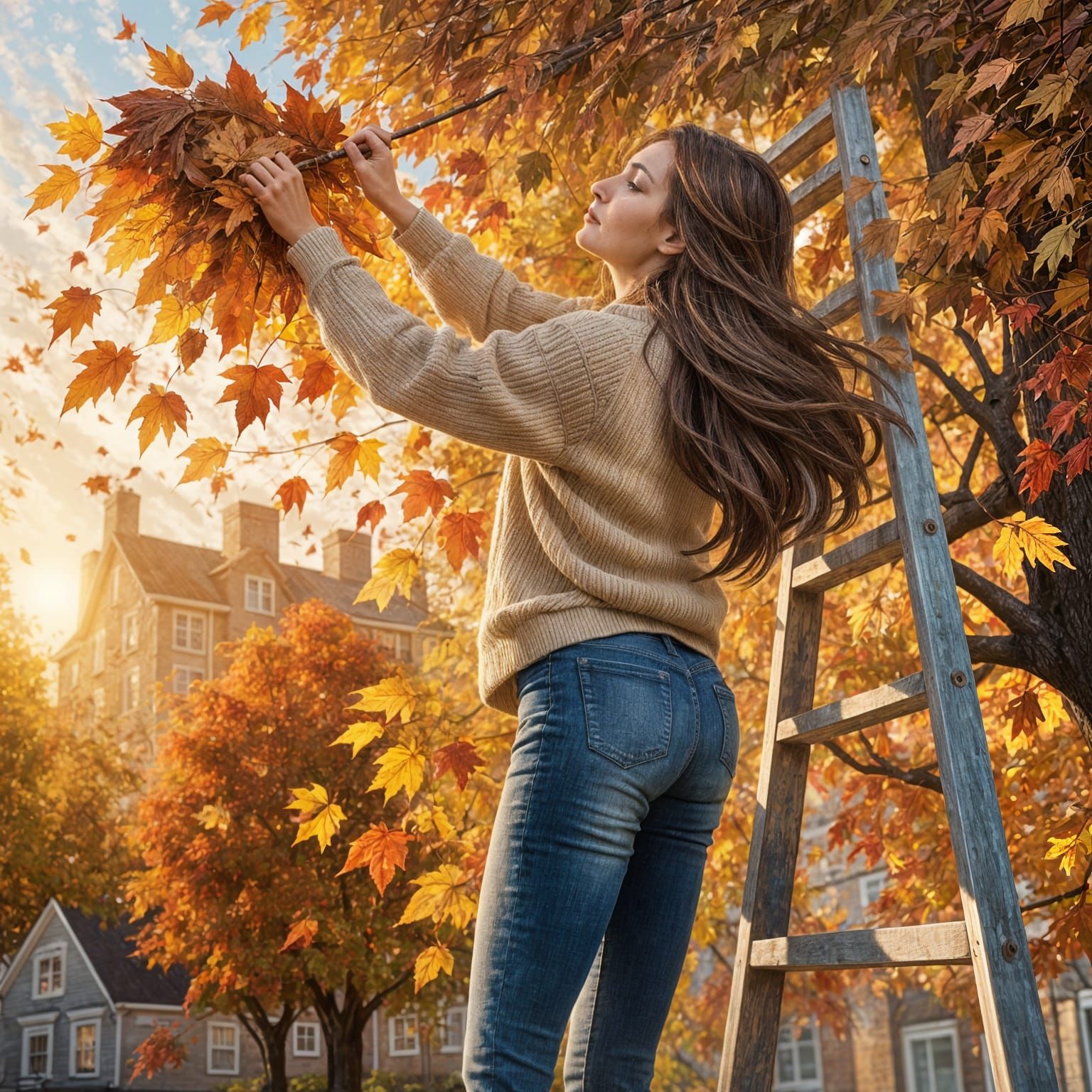 Woman Paints Autumn Leaves: Hyperrealistic Concept Art