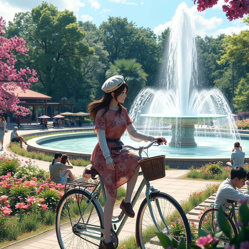 Anime Woman on Bicycle in Vibrant Park