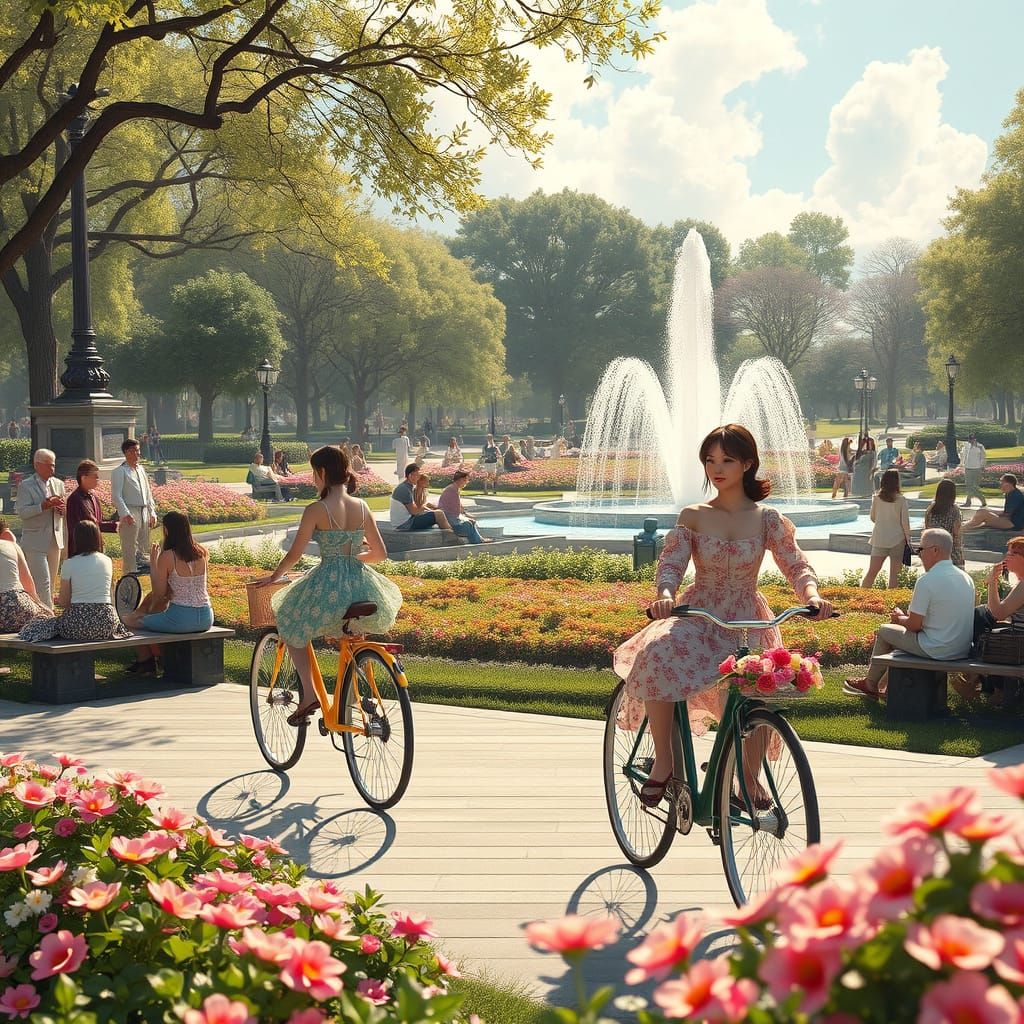 Women Ride Bicycles in Sunny Park in Anime Style