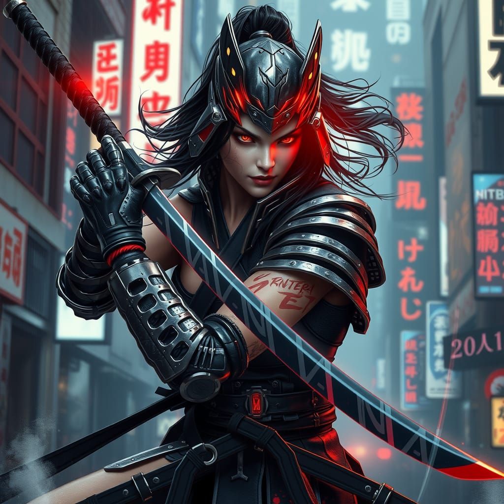 Ilustración arte sumi-e, gran angular mujer katana