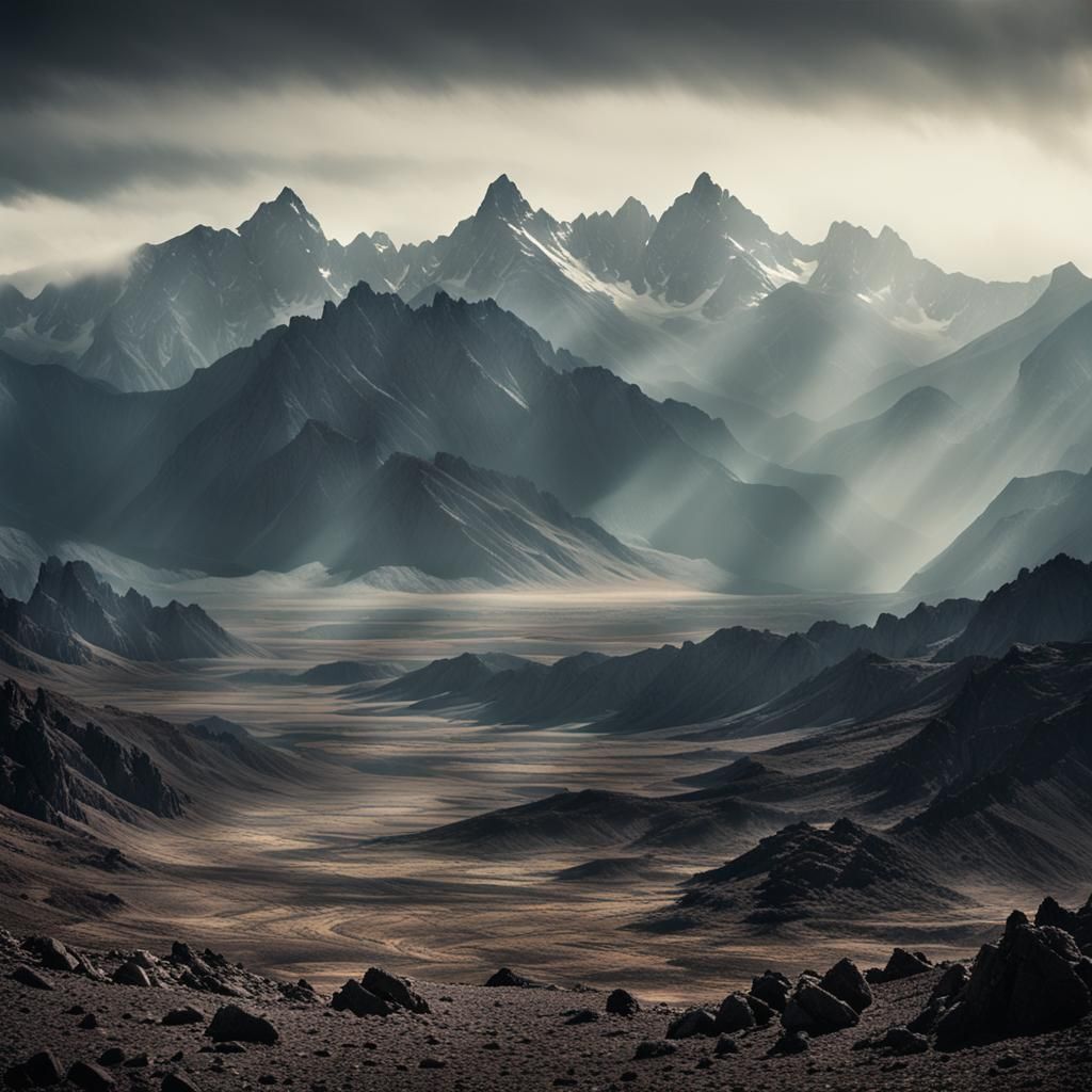 Dramatic Mountain Range in Black and White