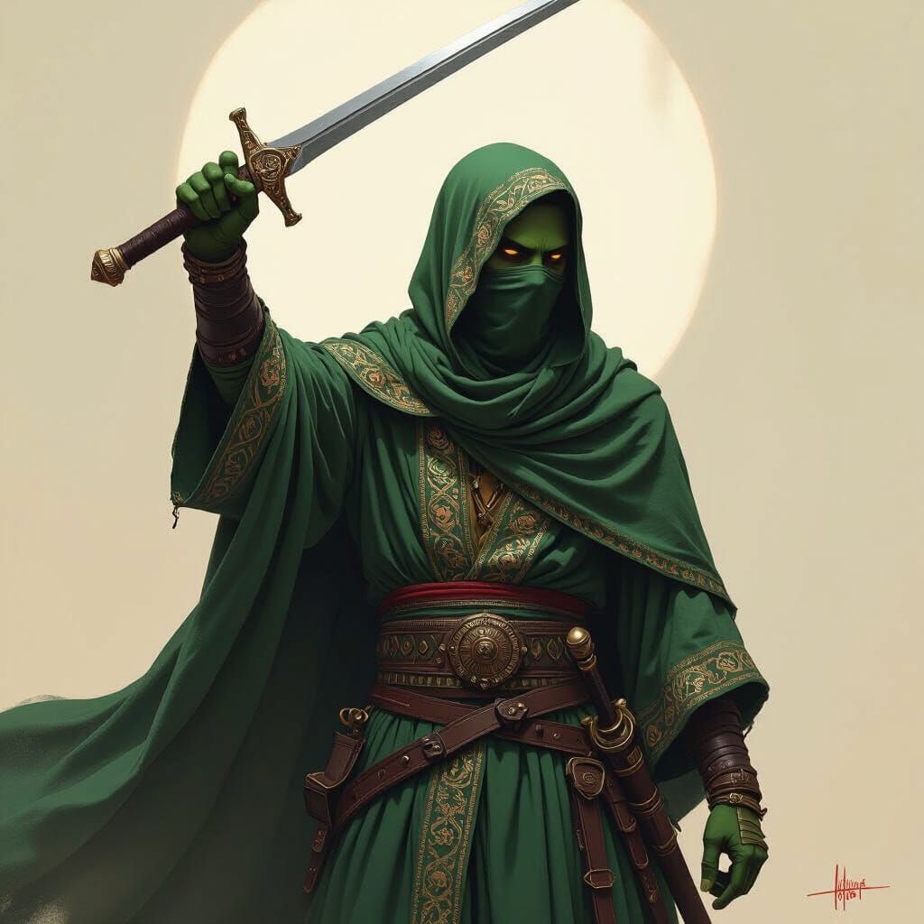 Green-Skinned Warrior with Sword in Concept Art Style
