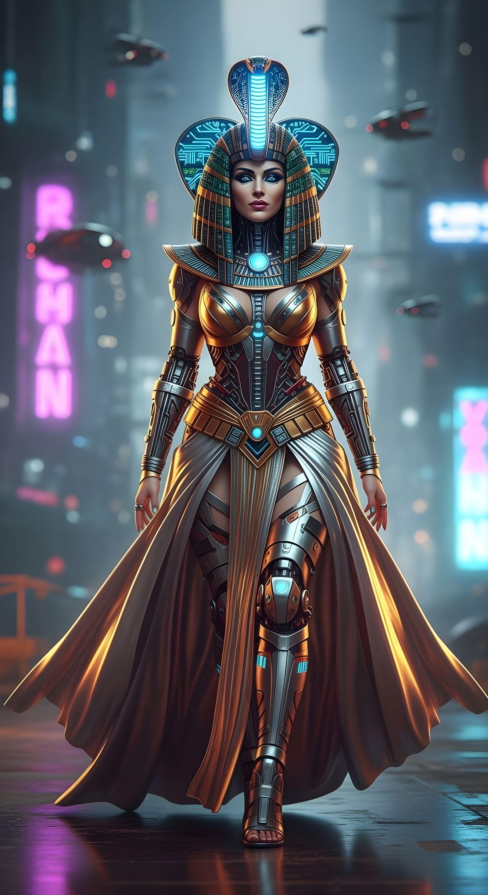 Futuristic Cleopatra in Metallic Attire