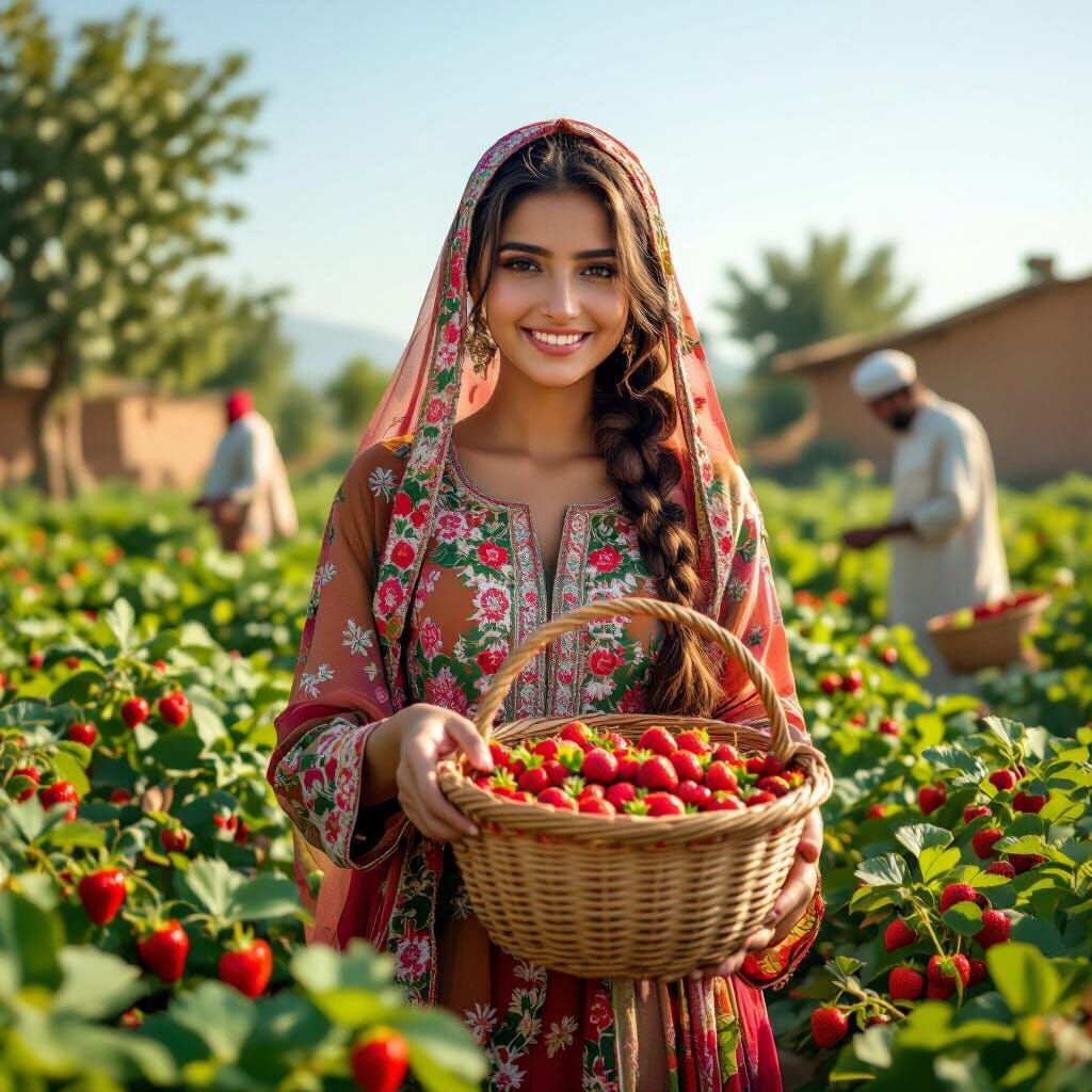 Pakistani Girl Picking Strawberries in Lush Field