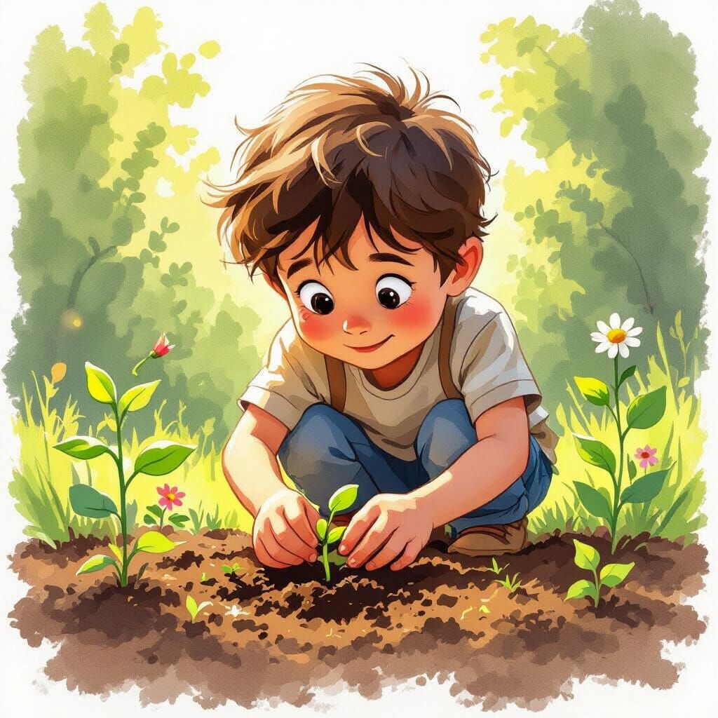 Boy Plants Seed in Garden, Storybook Illustration Style