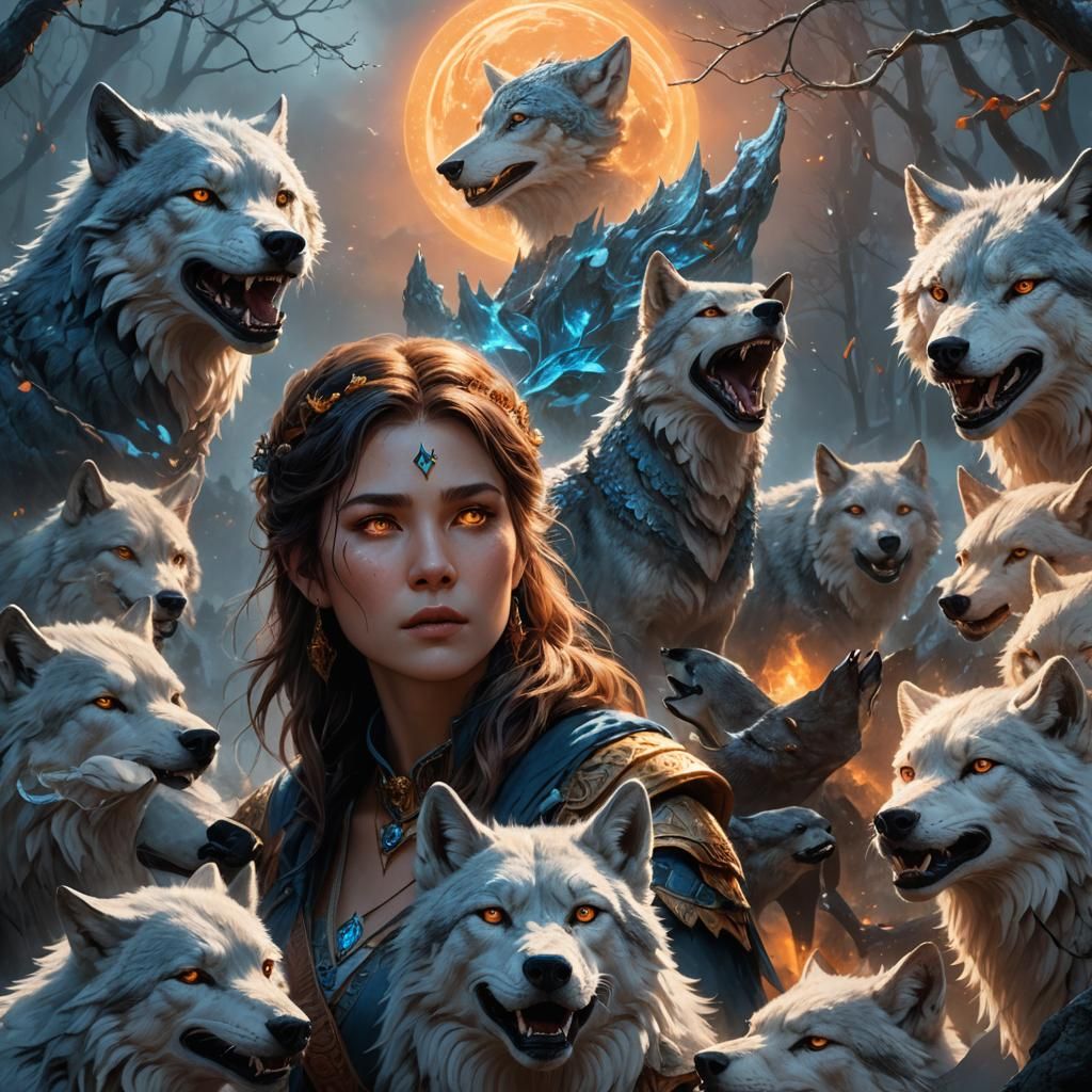 Sylvan Basilisk Surrounded by Wolves: Fantasy Art