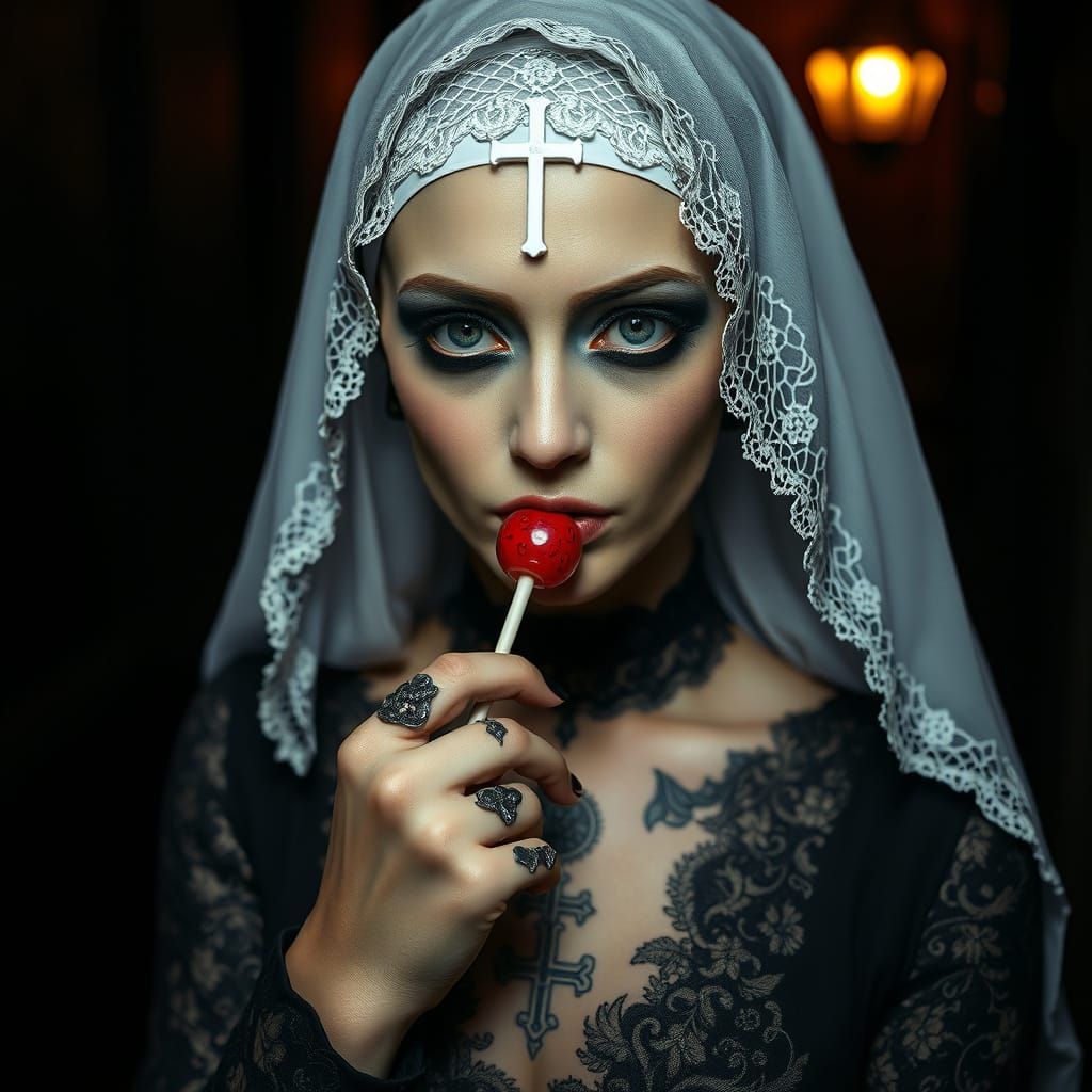 Gothic Nun with Lollipop in Dark Setting