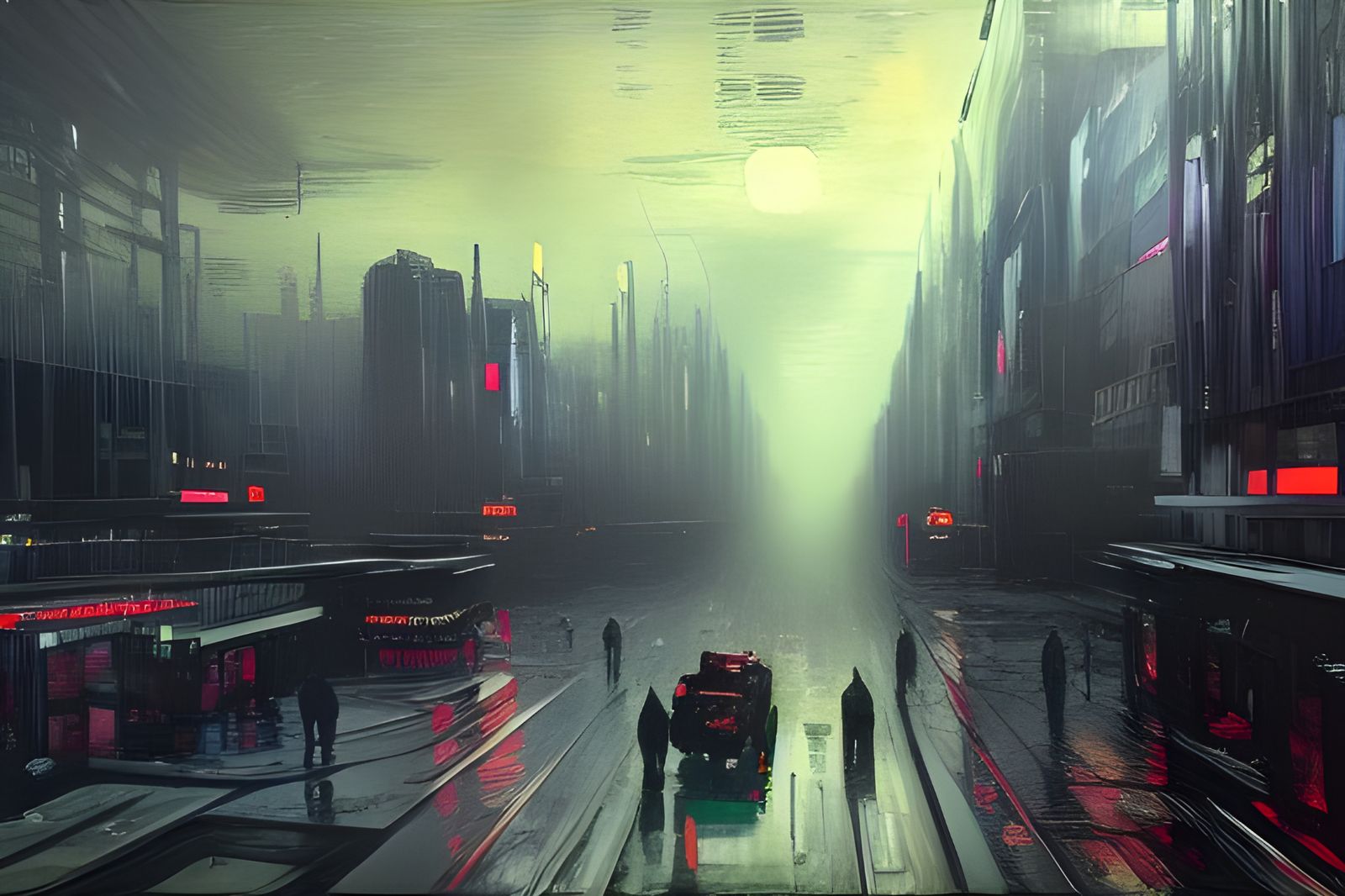 Dystopian Sci-Fi Megacity Street Scene in Acrylic Style