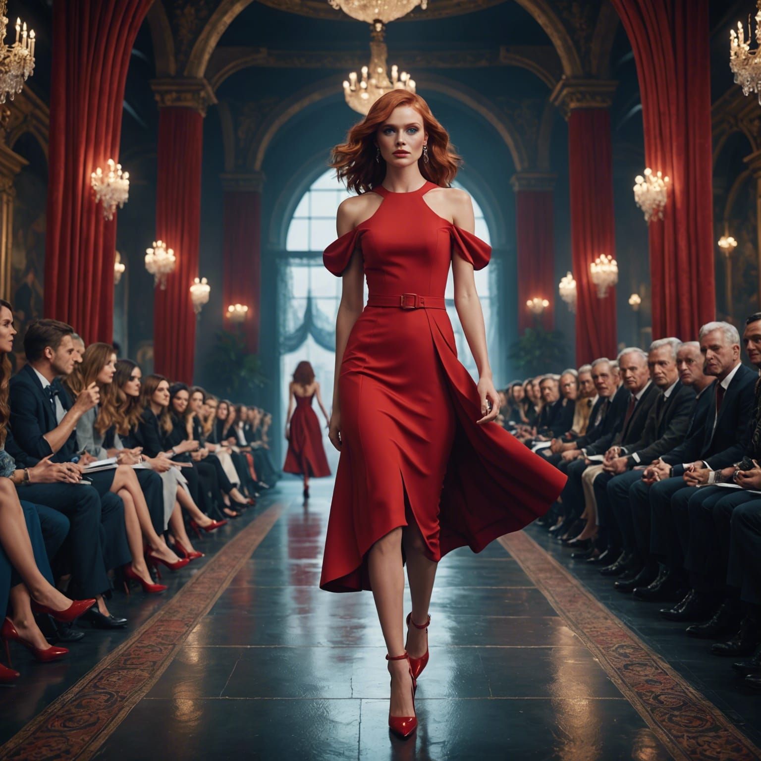 Red Dress Model on Runway, Detailed Matte Painting