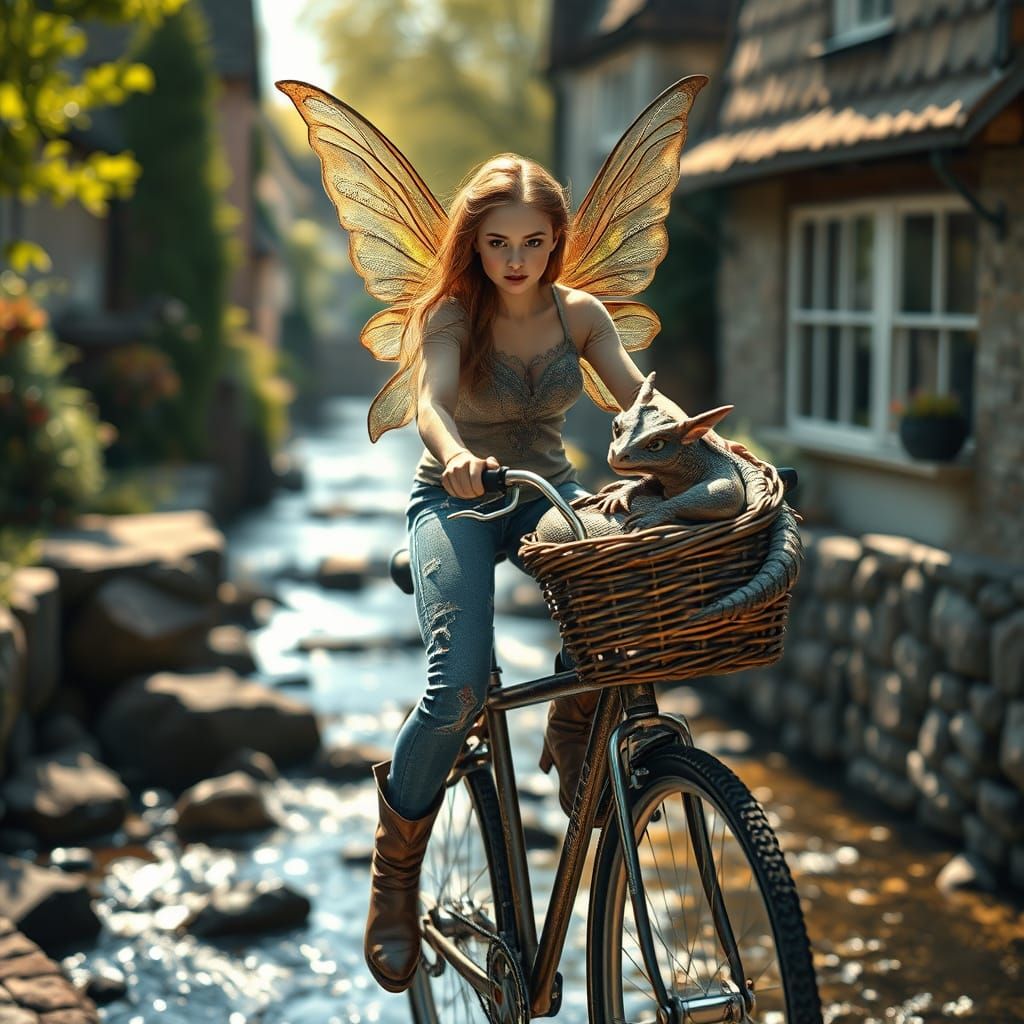 Fairy Rides Bicycle with Baby Dragon, Digital Art