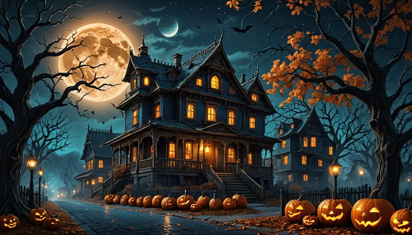 Haunted Street on Halloween Night in Dark Fantasy Style