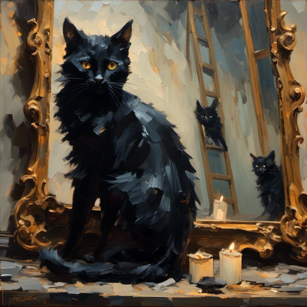 A black cat sitting under a ladder next to a broken mirror <lora:SybilThorn-LORA4:1.0>