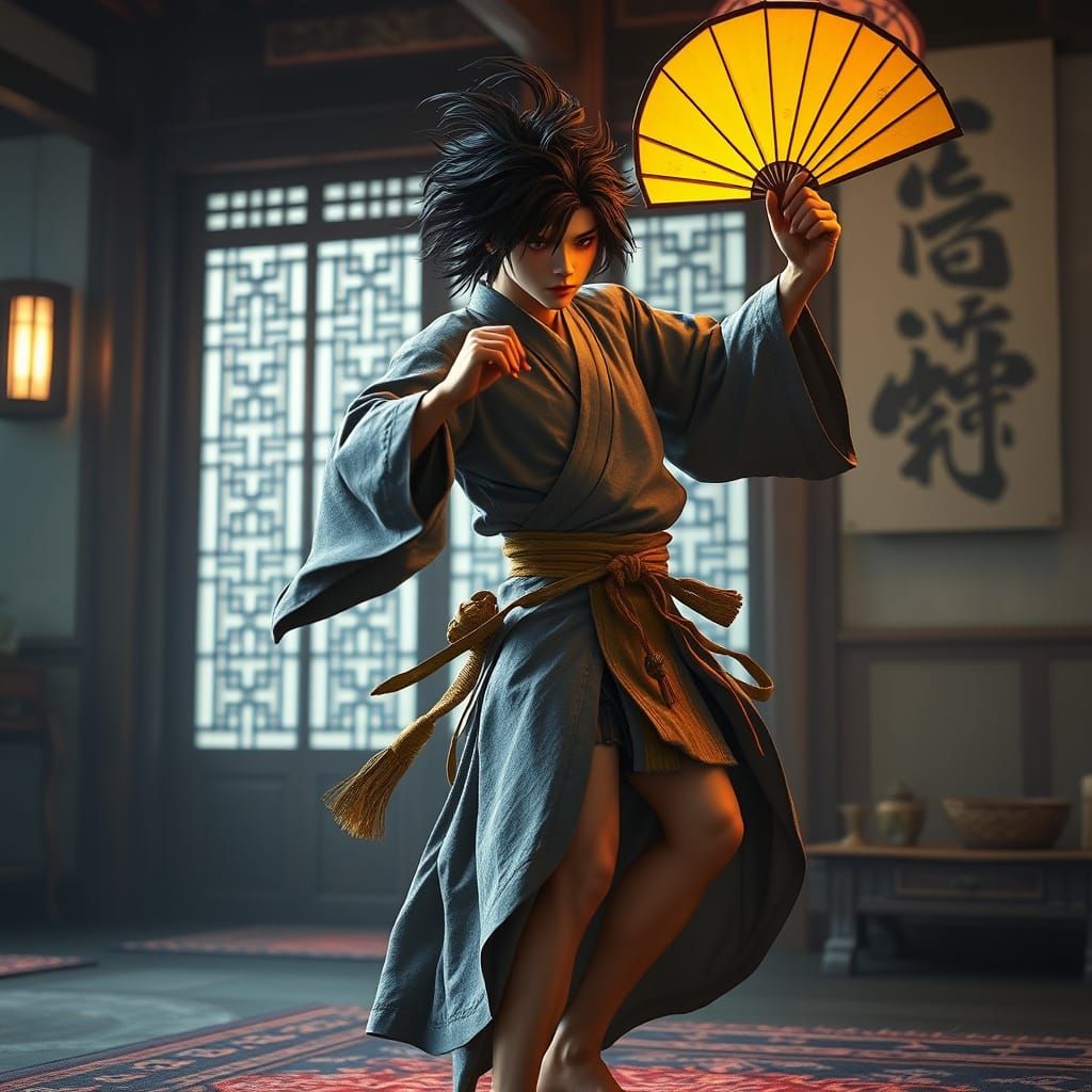 Young Japanese Warlord in Traditional Robes Dances with Fan
