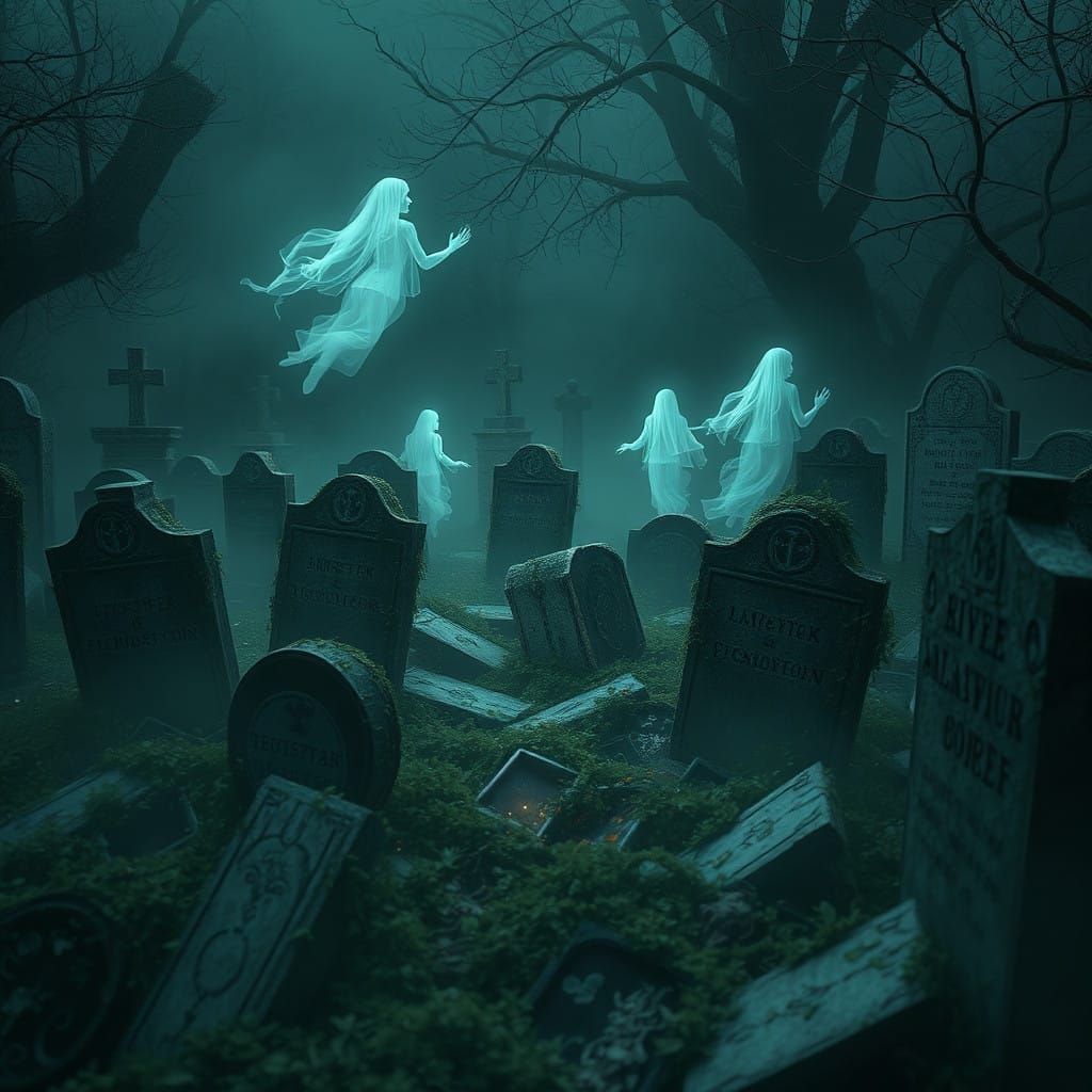 Haunted Graveyard Scene in Muted, Fantastical Style