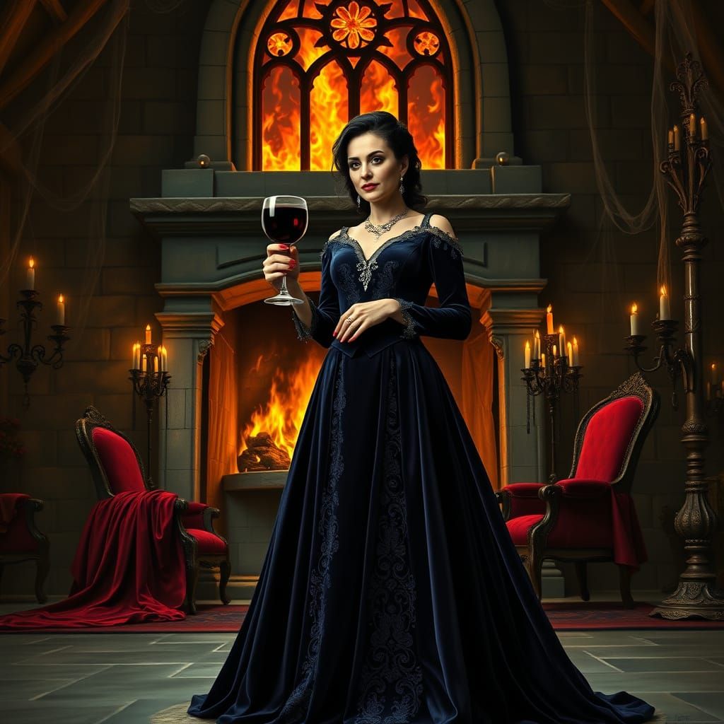 Elegant Vampire Countess in Gothic Castle by Flickering Fire...
