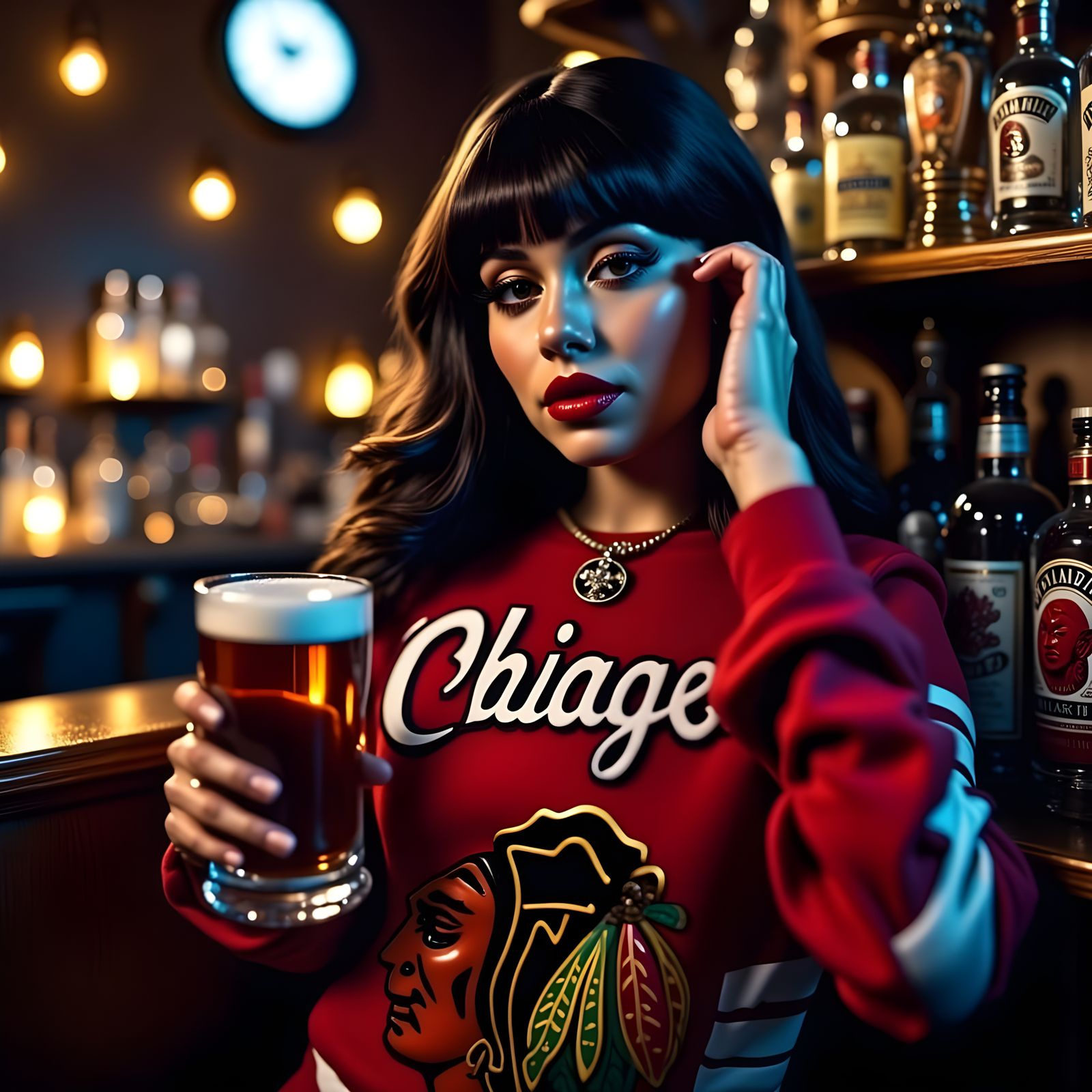 Sultry Chicago Blackhawks Fan Sipping Beer at a Bar