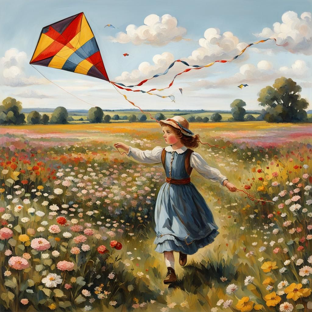 Girl with Kite in Flower Field: Vintage Style