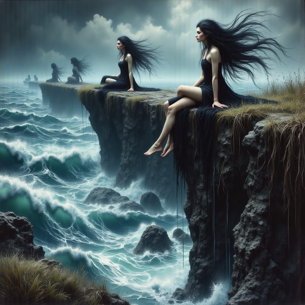 Three Sirens Luring Ships to Doom in Dark, Oceanic Landscape