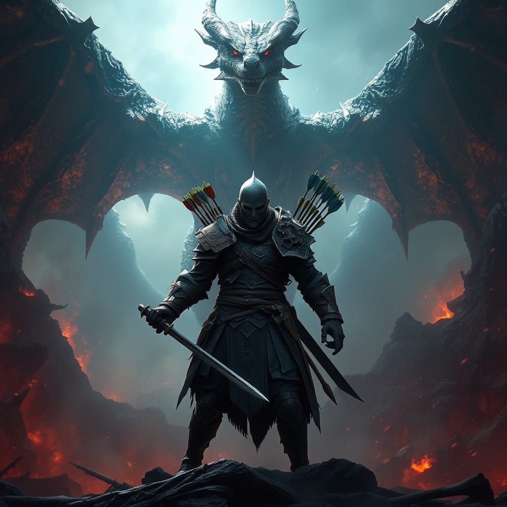 Heroic Warrior Fights Behemoth Dragon in a Mystical Realm