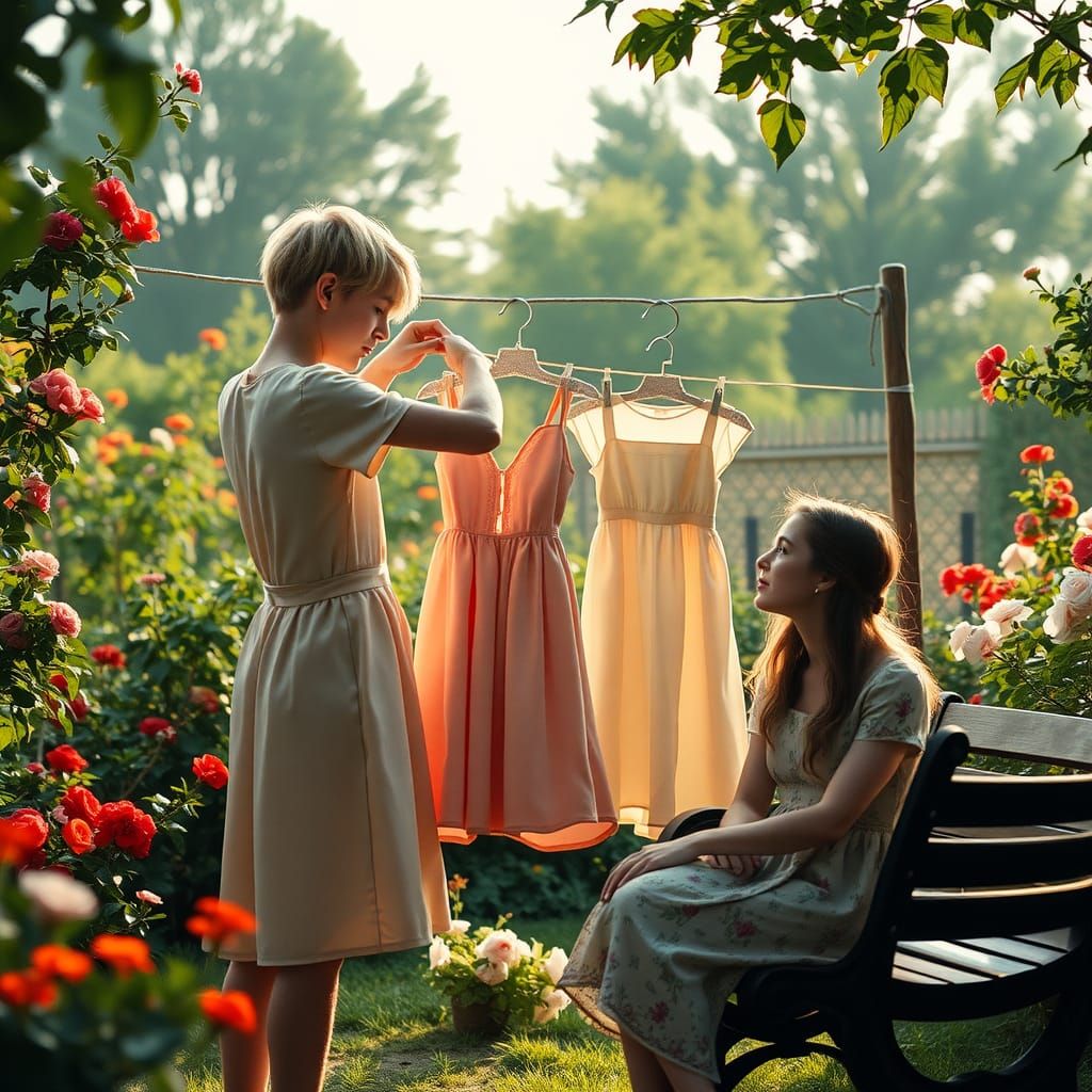 Boy in Satin Dress in Lush Garden: Cinematic Film Still