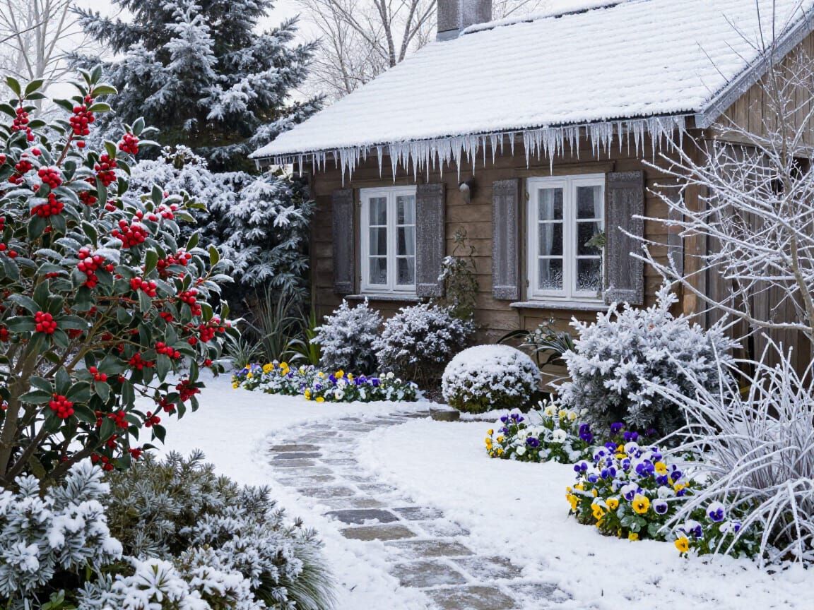 Cozy Frozen House in Winter Garden Under Soft Light