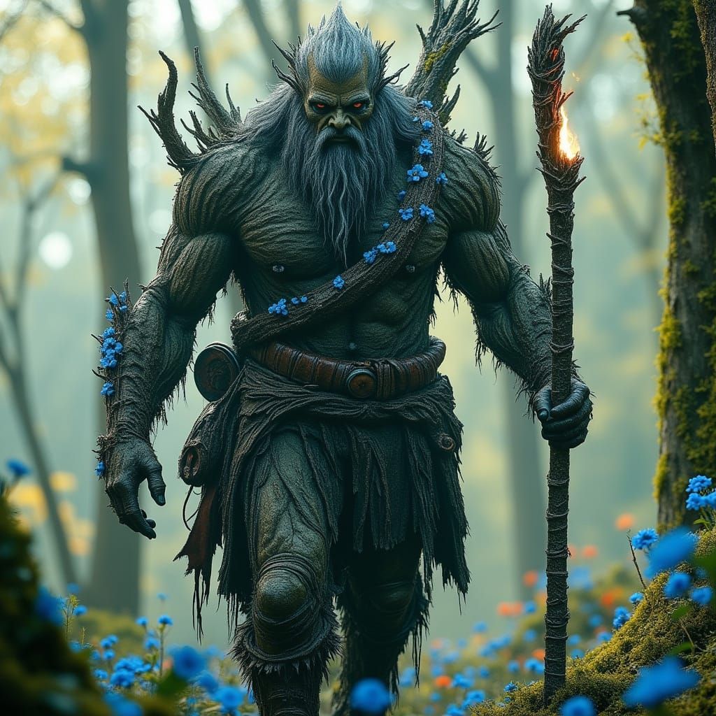 Tree Warrior in Magic Forest as Hyperrealistic Matte Paintin...