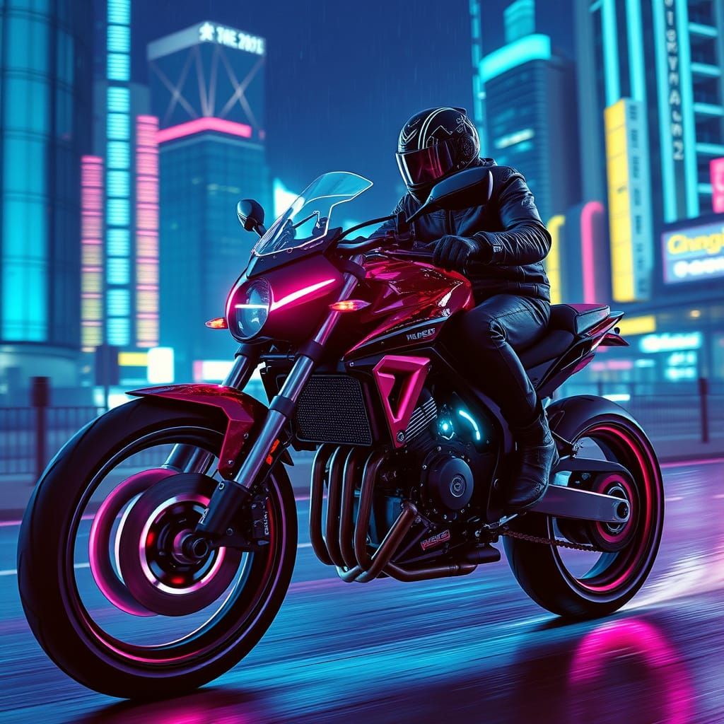 Cyberpunk Motorcycle in Neon City: Cinematic Film Still