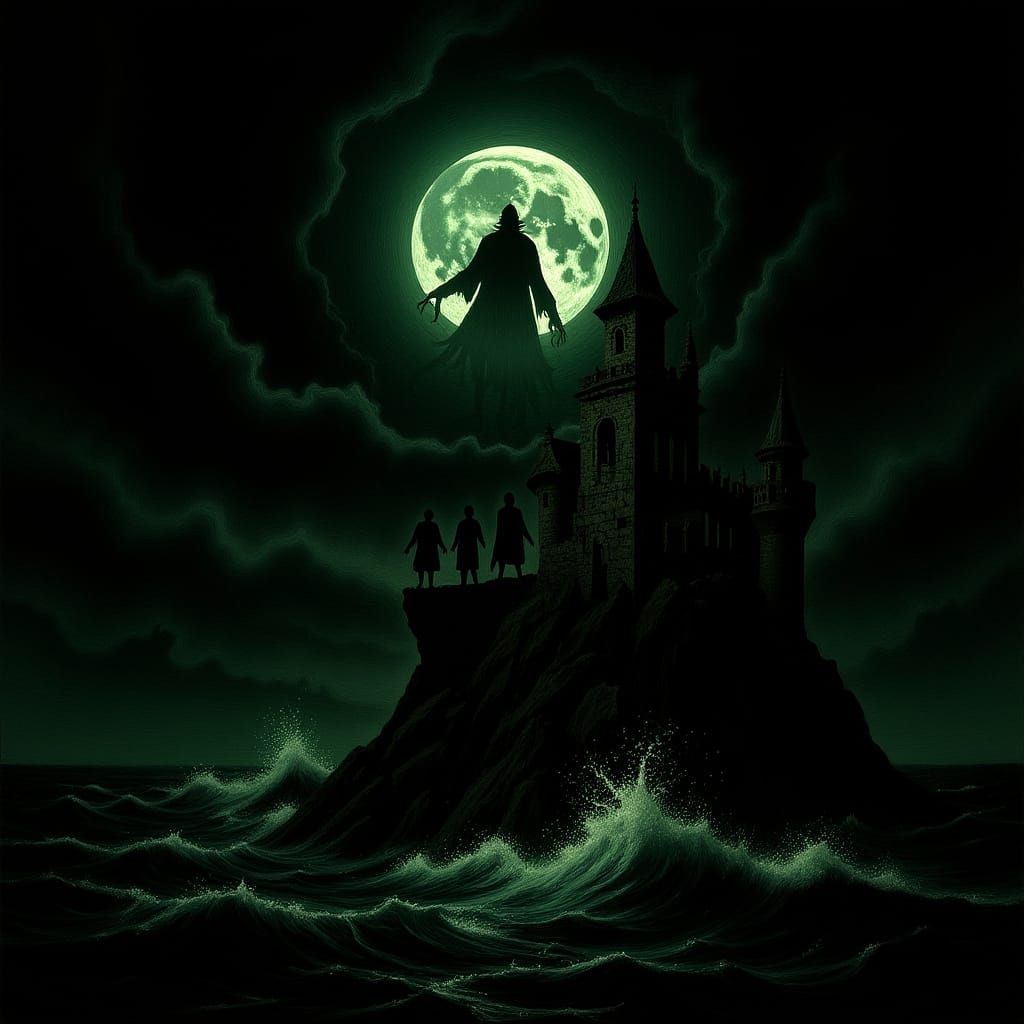 Decaying Castle on Cliff Above Stormy Sea, Dracula Rises