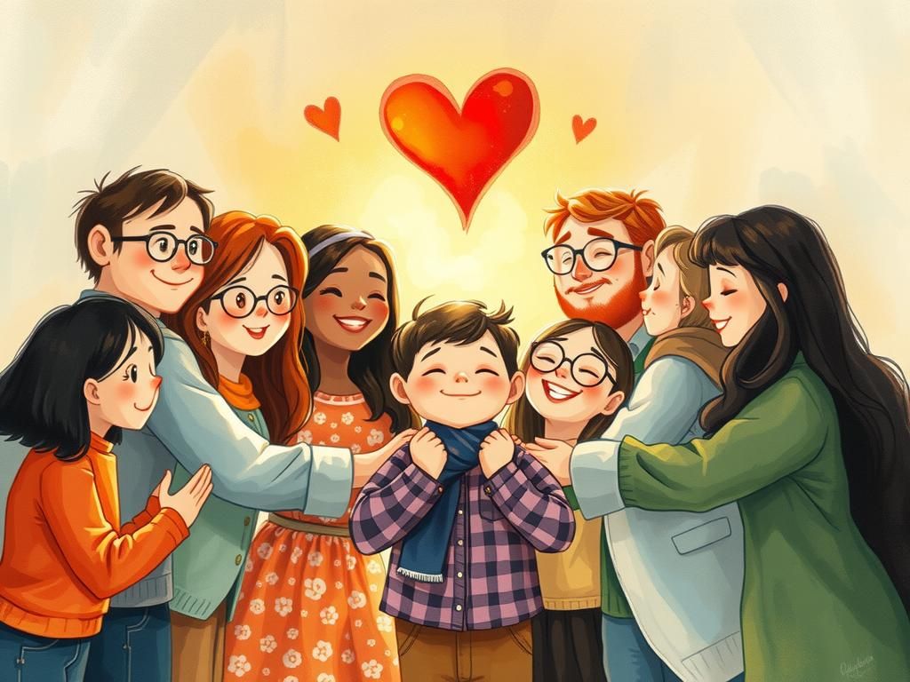 Friends Embracing with Golden Aura, Whimsical Illustration