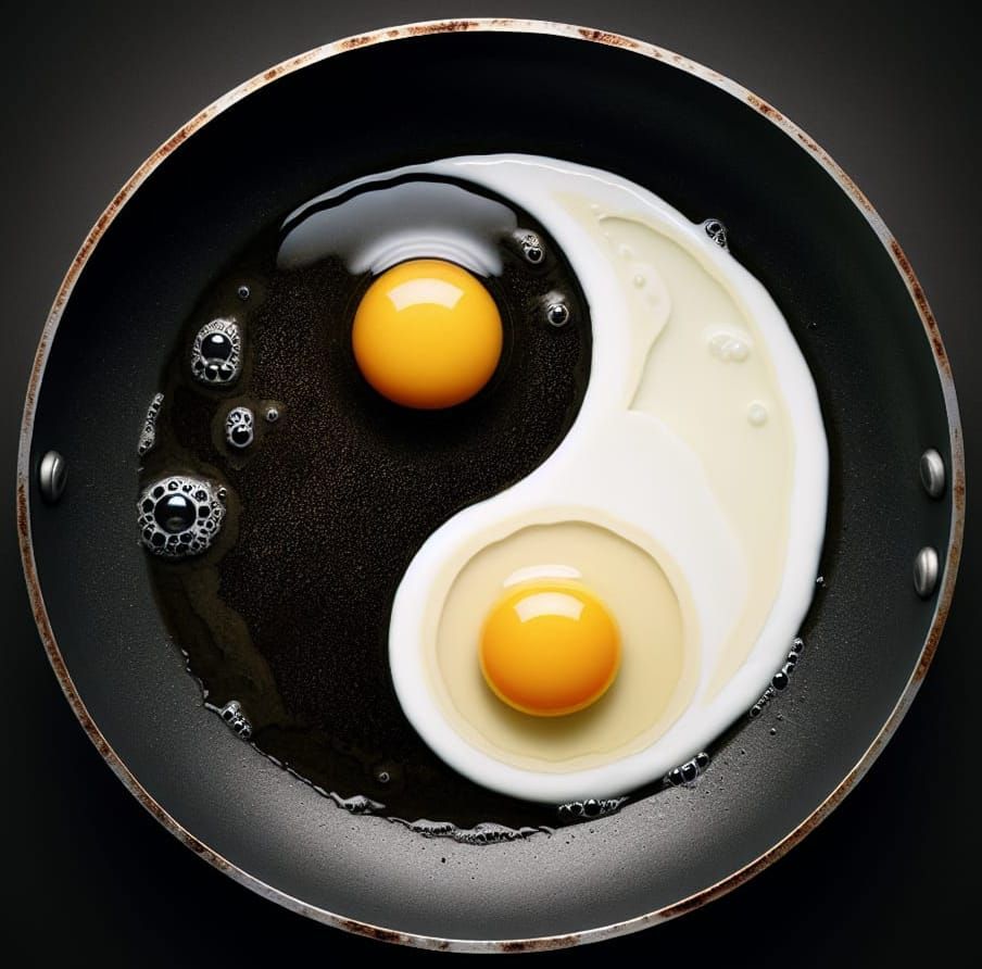 Surrealist Frying Pan Scene Featuring Yin-Yang Eggs in Golde...
