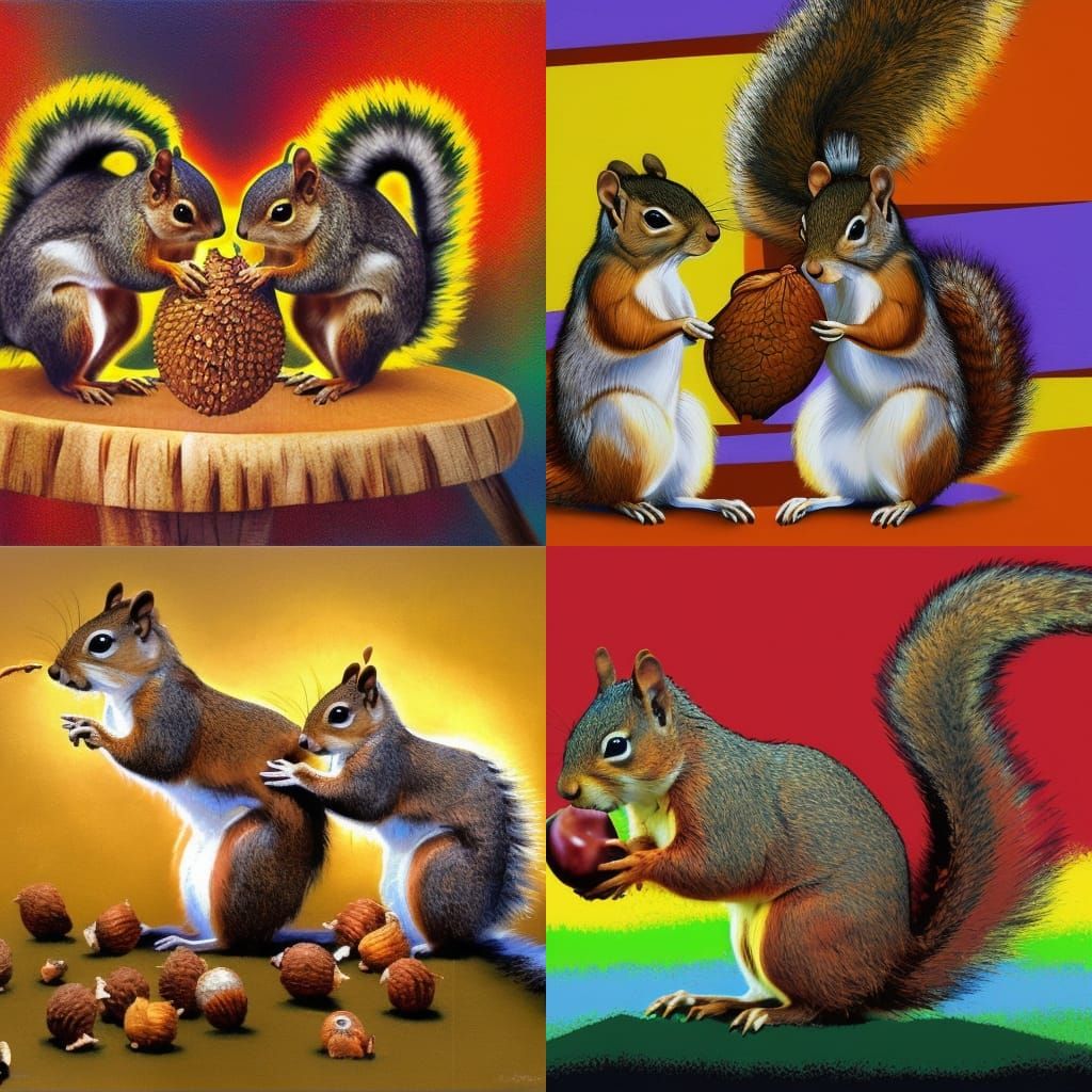 Squirrels Fight Over Acorn in Geometric Pop Art Style