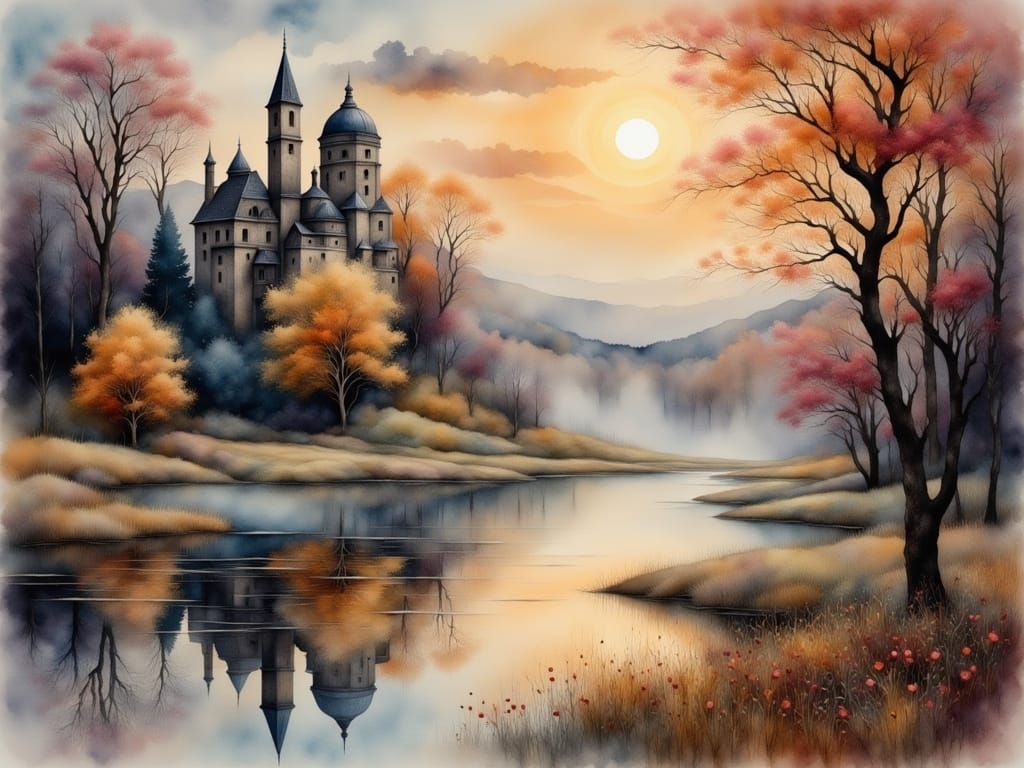 Ruined City Reflected in Sunset Lake as Impressive Watercolo...