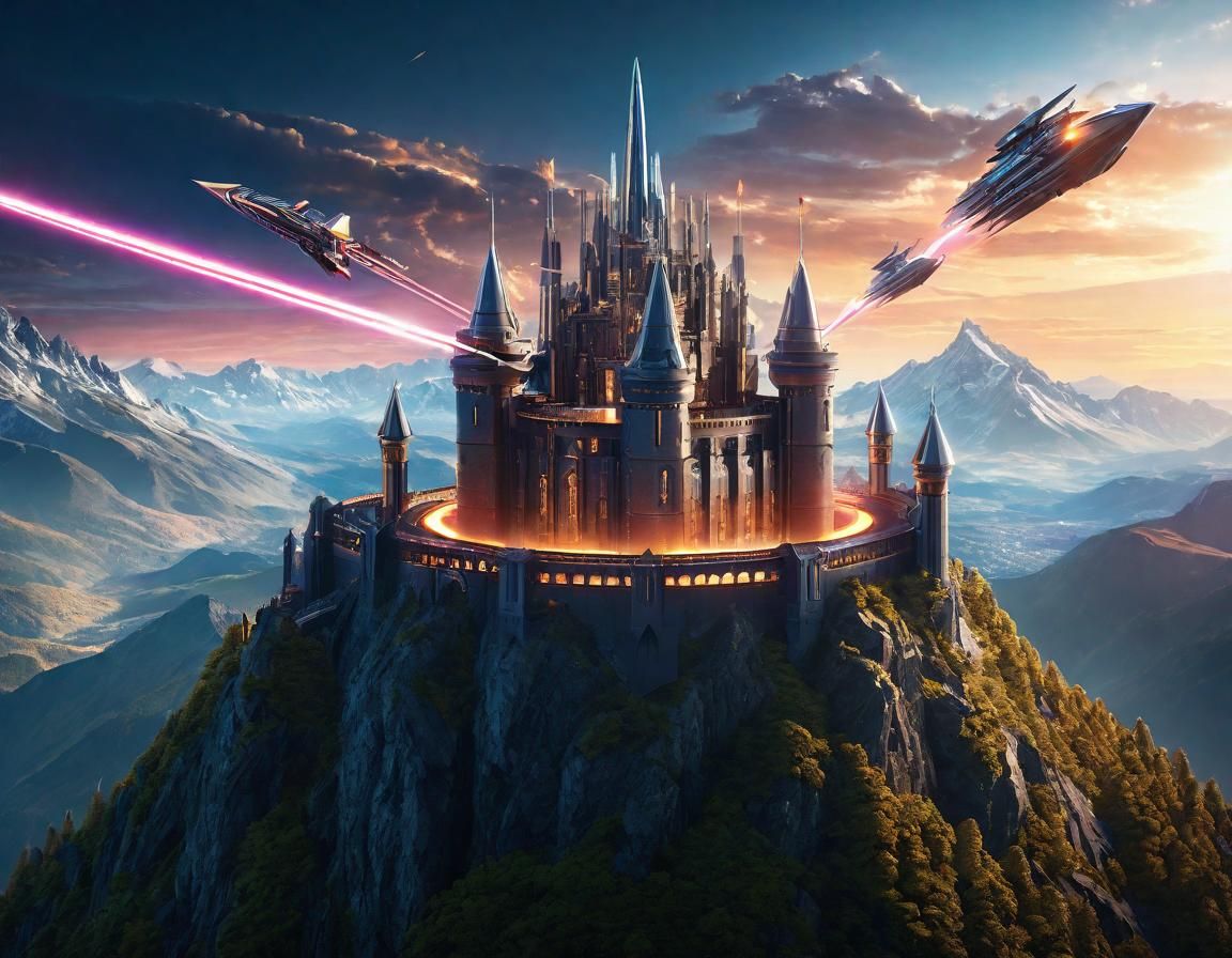 Futuristic Mountaintop Castle Laser Battle at Magic Hour