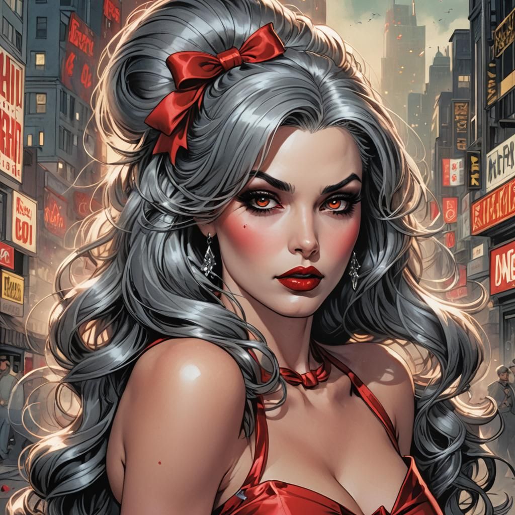Glamorous Grey-Haired Woman in Comic Book Style