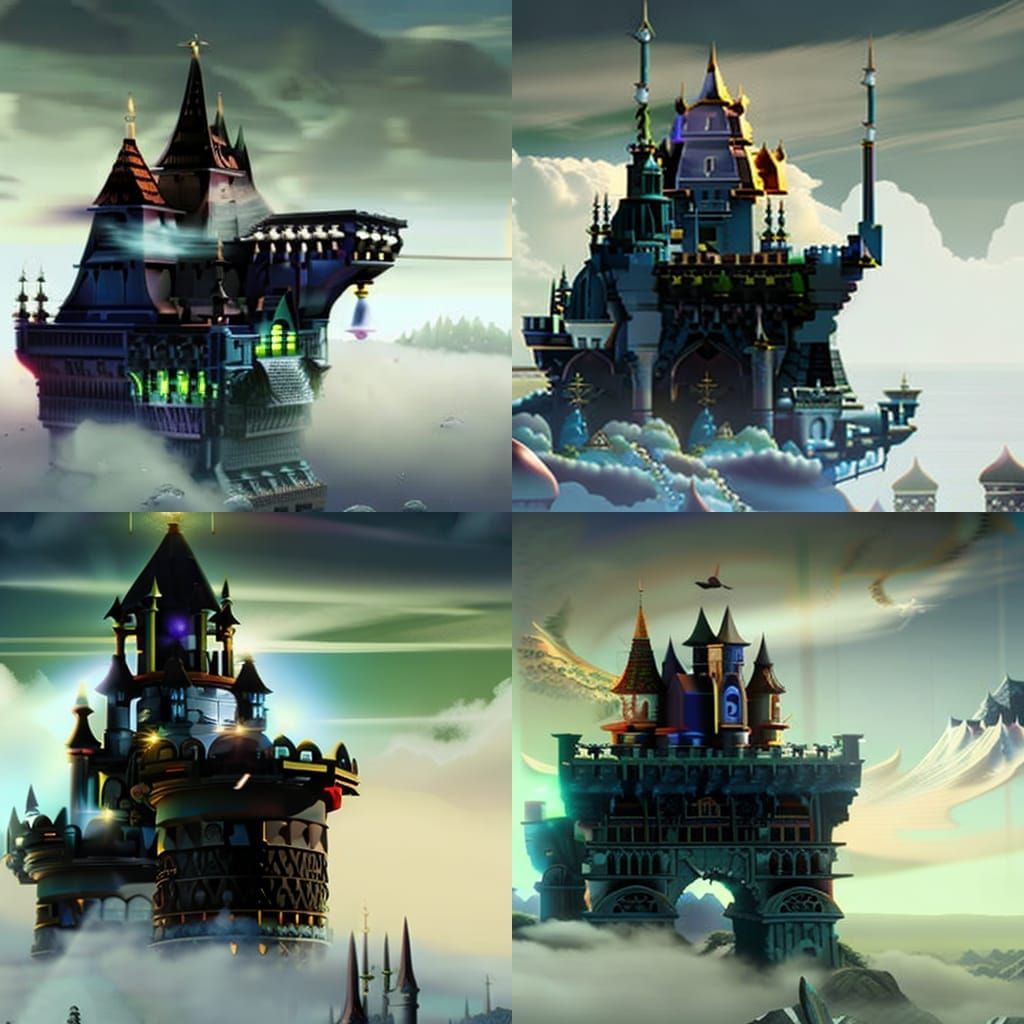 Eerie Castle Floating in Clouds: Fantasy Masterpiece