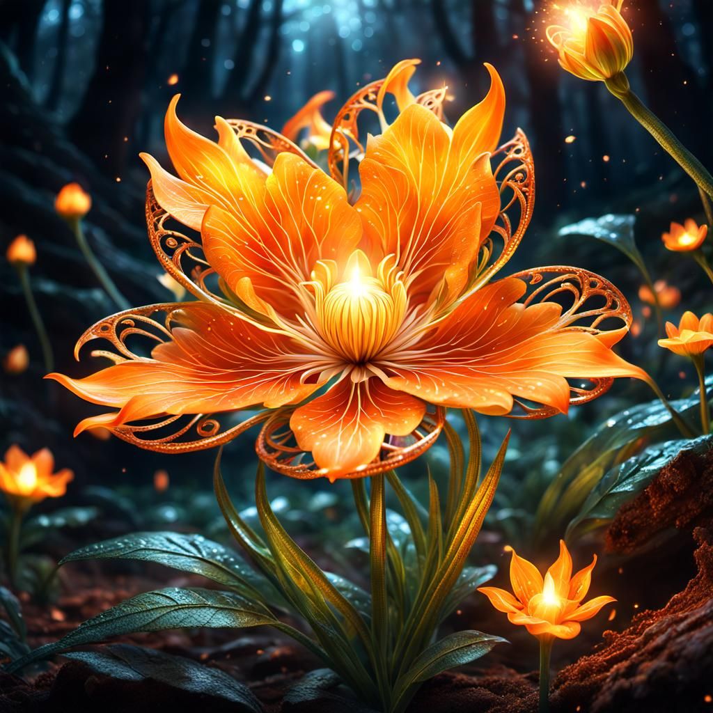 Glowing Magical Orange Fire Blossom in Fantasy Forest