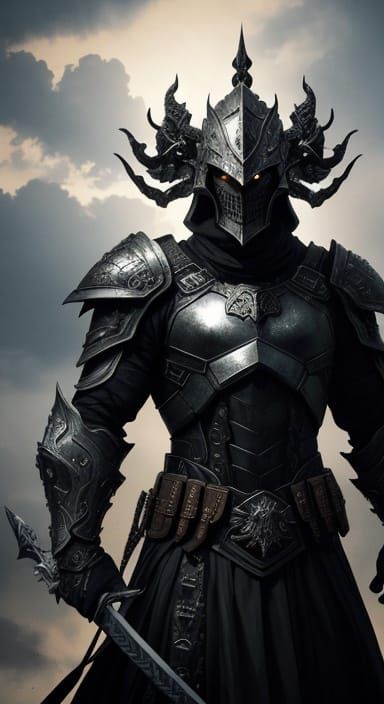 Dark Fantasy Warrior in Metal Armor, Holding Flaming Sword a...