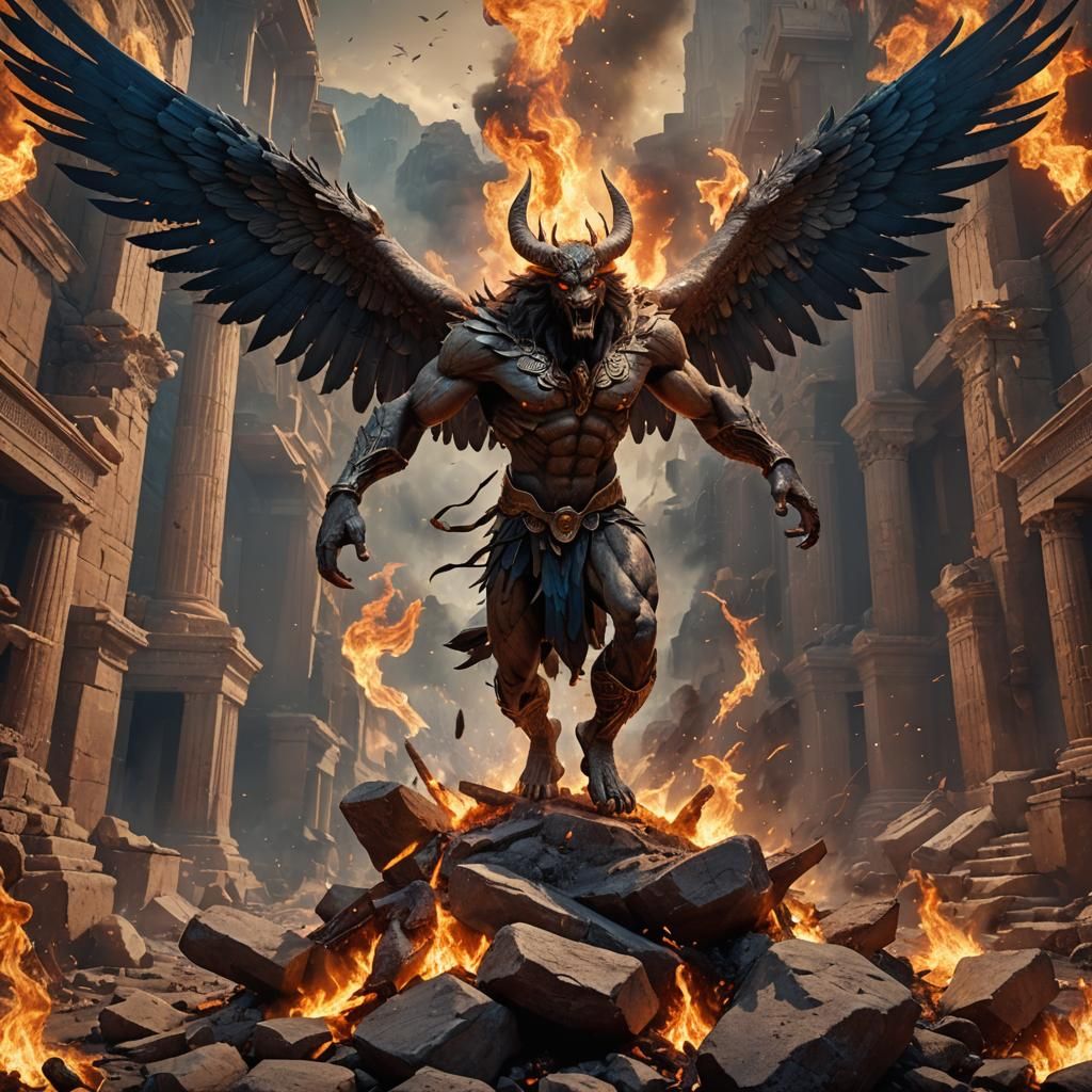 Biblical Apollyon Beast in Fire, Detailed Matte Painting