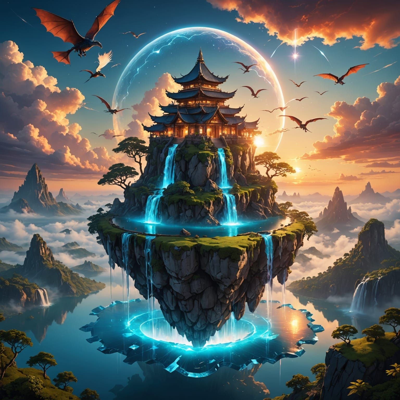 Surreal Floating Isle at Sunset with Dragons and Crystal Tem...
