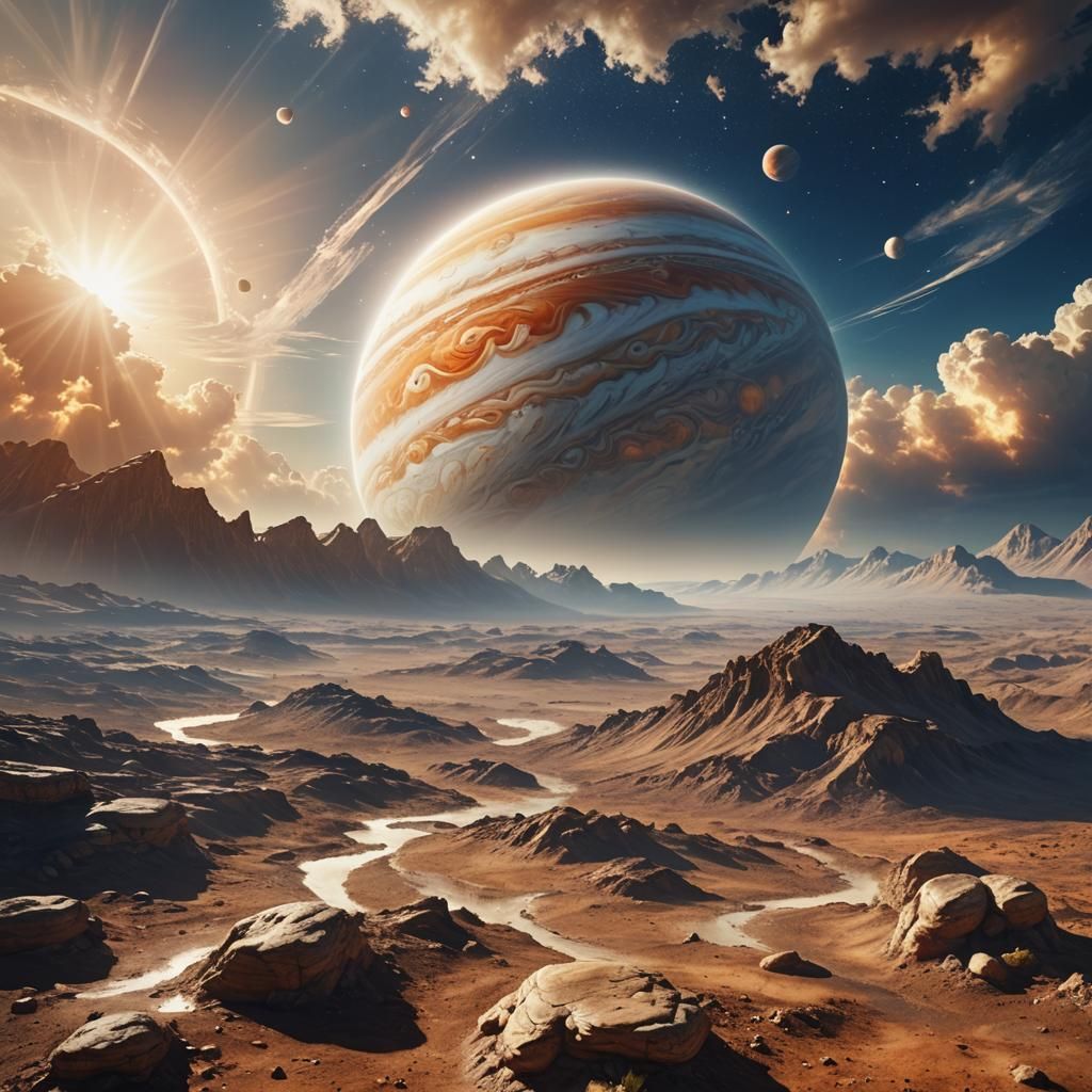 Alien Jupiter Landscape with Divine Sunshine