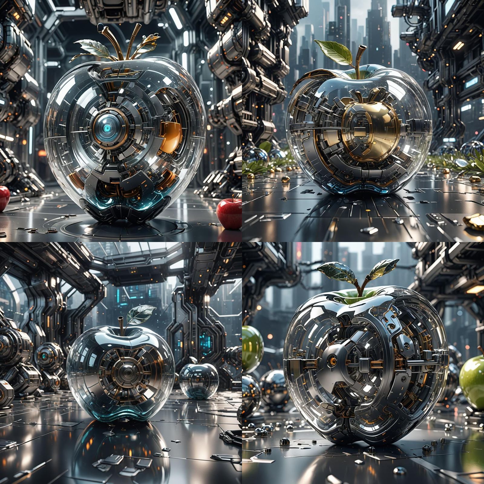 Futuristic Glass Apple with Intricate Mech Details