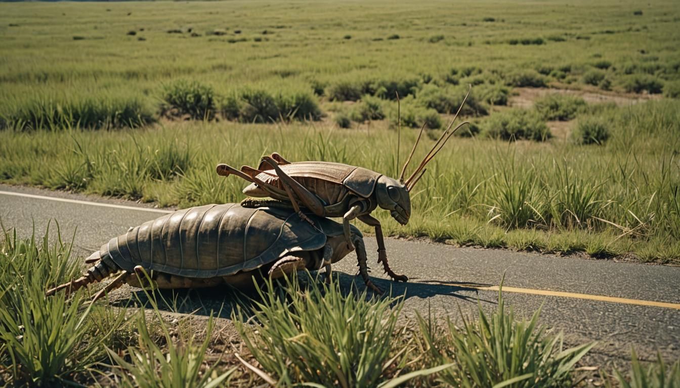 Giant Grasshopper on an Animal in Grassy Plain
