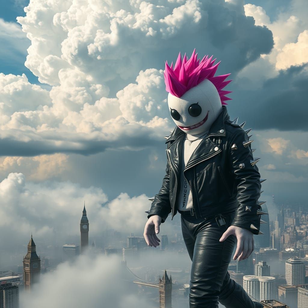 colossal Marshmallow Punk Character , leather spiked jacket’ pink spiked hair walking in Londonin the sky above London...