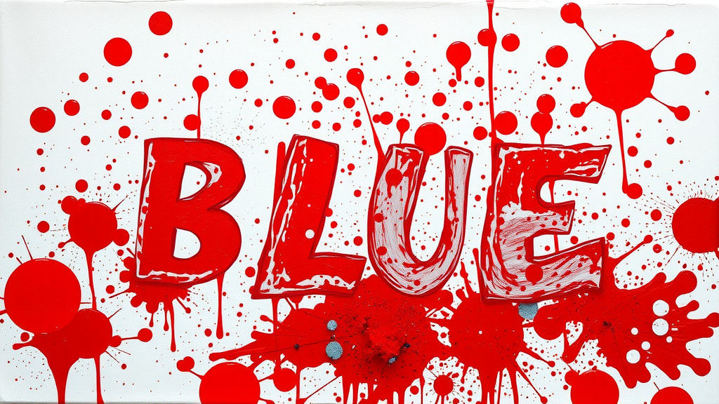 Abstract Red Splatters on Canvas with 'BLUE' Text