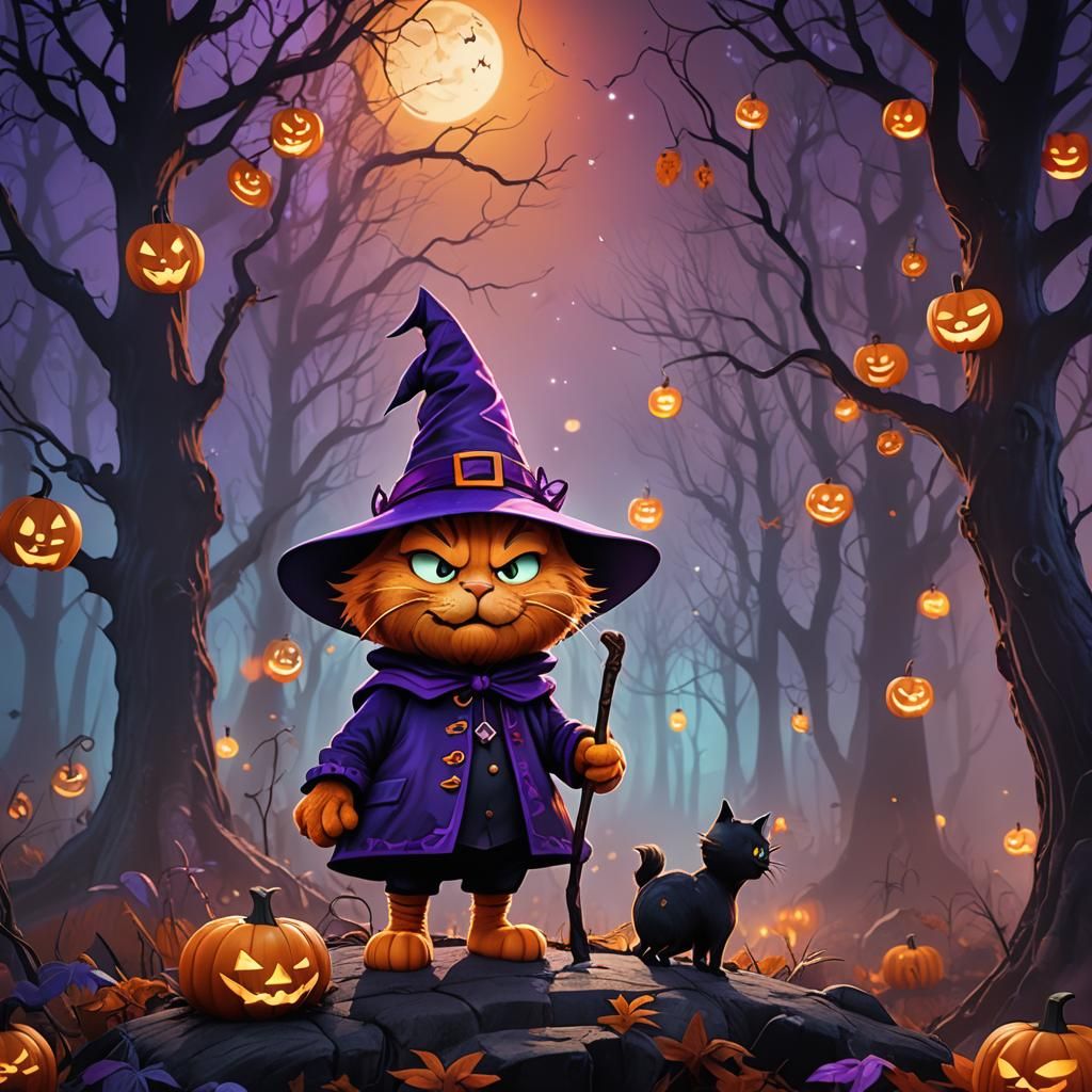 Garfield Cat Witch Costume in Spooky Forest