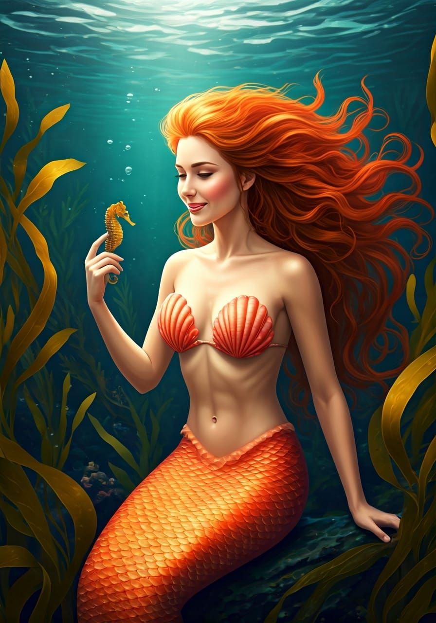 Orange Mermaid and Seahorse in Photorealistic Style
