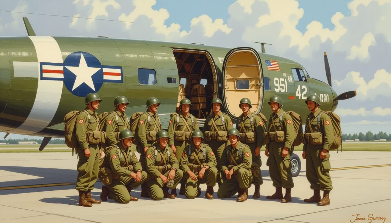 WWII Paratroopers Preparing for Flight, Oil Painting