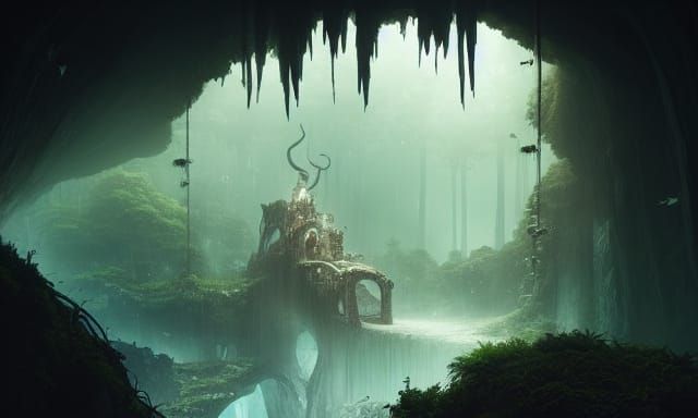 Eerie Fantasy City Inside Jungle Cave: Biopunk Style