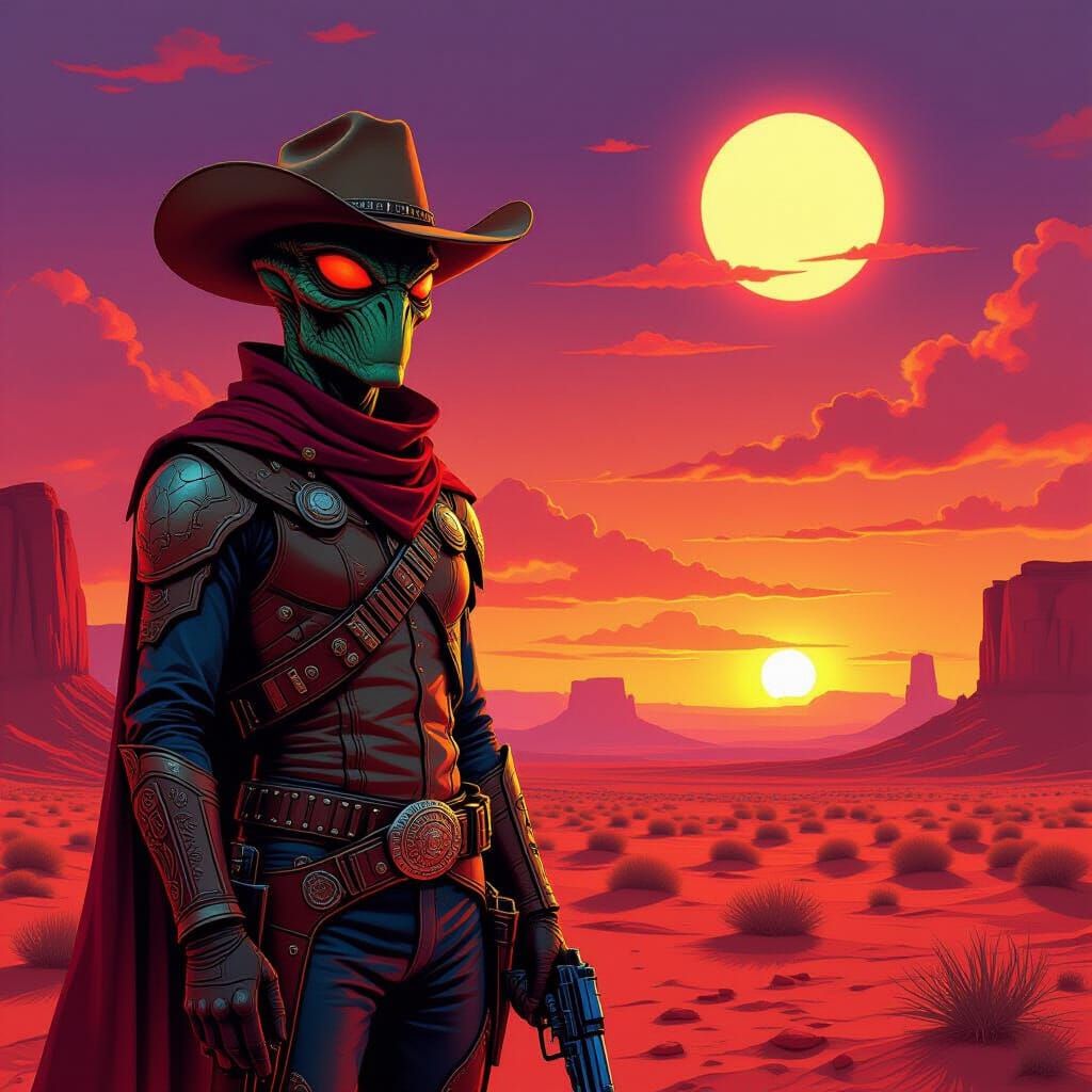 Alien Cowboy on Desert Planet at Sunset